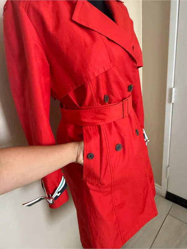 VIKI Red Trench Coat Womens 55 S Belted Double Breasted Korean Fashion NWOT - Image 3