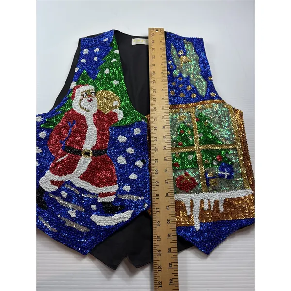 Vintage S.A.V.V.Y Heavily Sequined Christmas Vest Santa Claus/Angel Size L 36 - Image 3