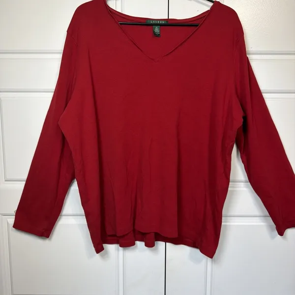 Lauren Ralph Lauren V-Neck Top Women 2X Red Long Sleeve Cotton T-Shirt - Image 5