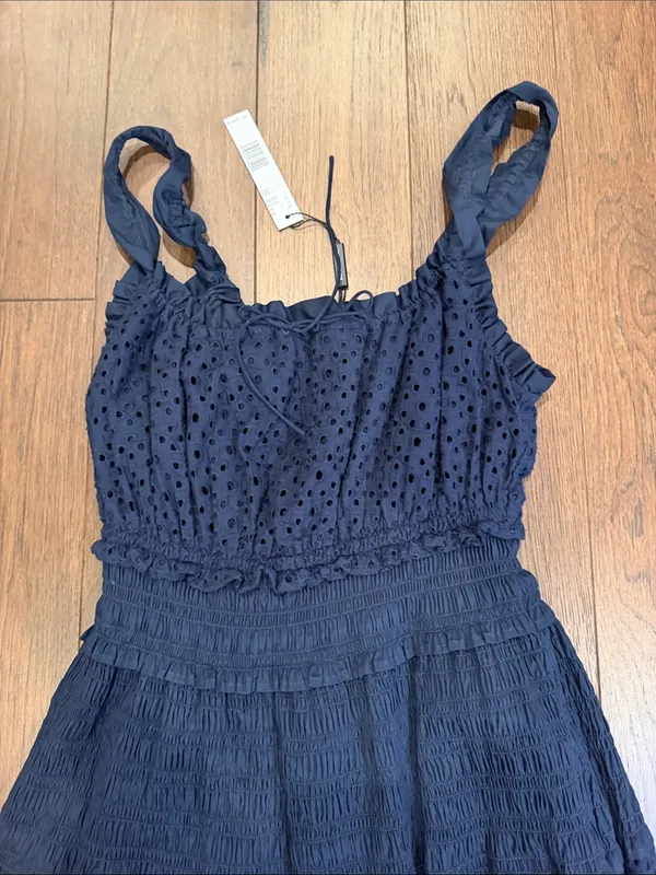 Elie Tahari Eyelet Smocked Midi Dress Navy Medium NWT - Image 6