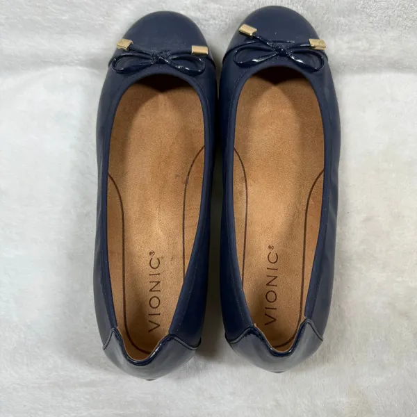 Vionic Minna Navy Blue Leather Cap Toe Ballet Flats Orthotic Bow Shoes 7 - Image 7