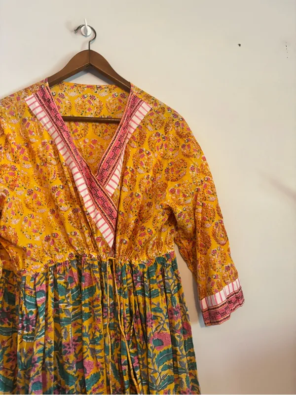 Women's Boho Ethnic Cotton Kurta Yellow Surplice Neck Maxi Dress - Image 3