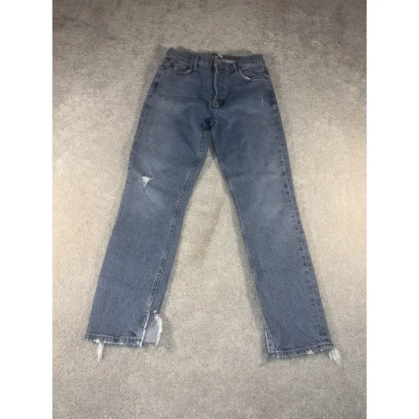 AGOLDE Nico High‎ Rise Denim Blue Jeans Size 26 Raw Hem Button Fly Distressed - Image 3