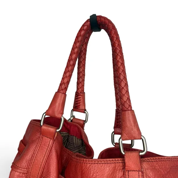 The Sak Red Pebbled Leather Bucket Bag Braided Drawstring Crossbody Handbag Hobo - Image 9