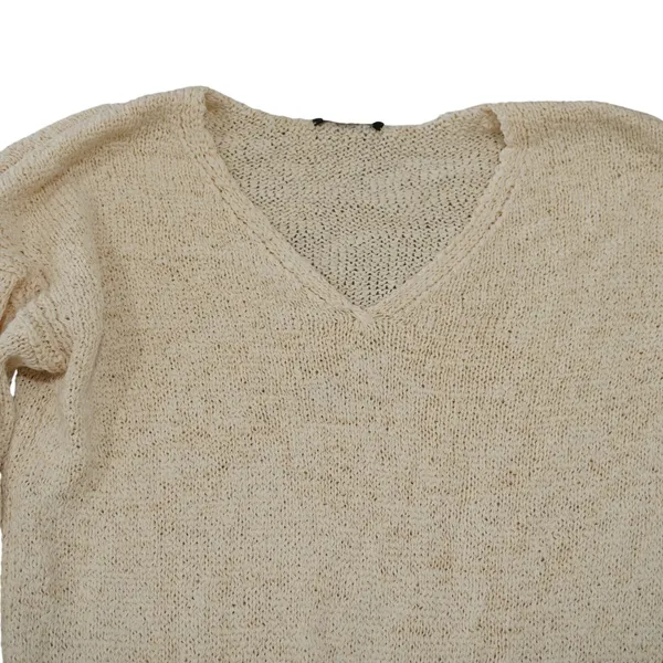 J. Crew Women's Size Medium V-Neck Sweater Beige Bell Sleeve Open Knit Coastal - Image 3