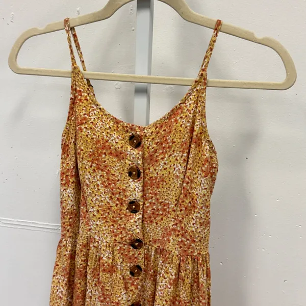 Japna Orange Ditsy Floral Button Down Smocked Back Mini Dress Womens XS Boho - Image 3