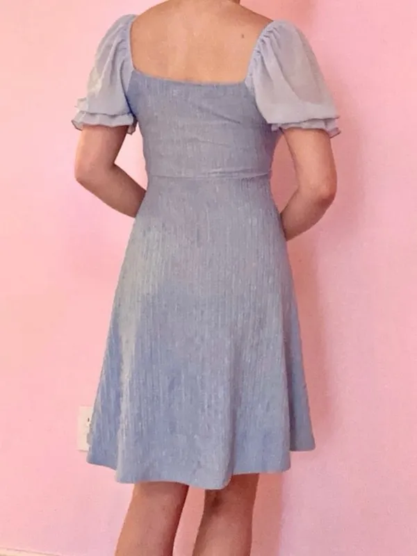 Light Blue Puff Sleeve Ruched Front Dress - Image 4