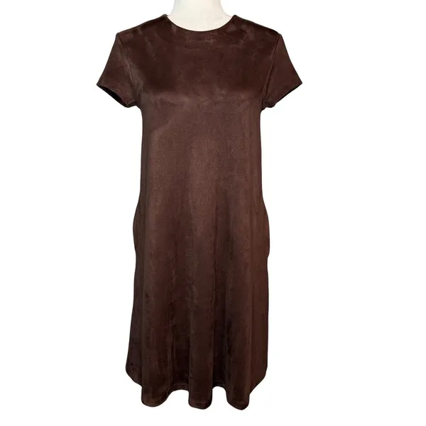 J McLaughlin Dress XS Brown Faux‎ Suede Swing Short Sleeve Pockets Minimalist - Image 3