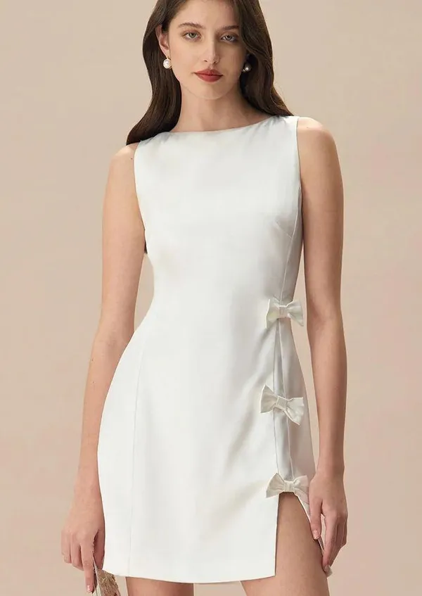 RIHOAS The White Boat Neck Bowknot Satin Mini Dress - Image 3