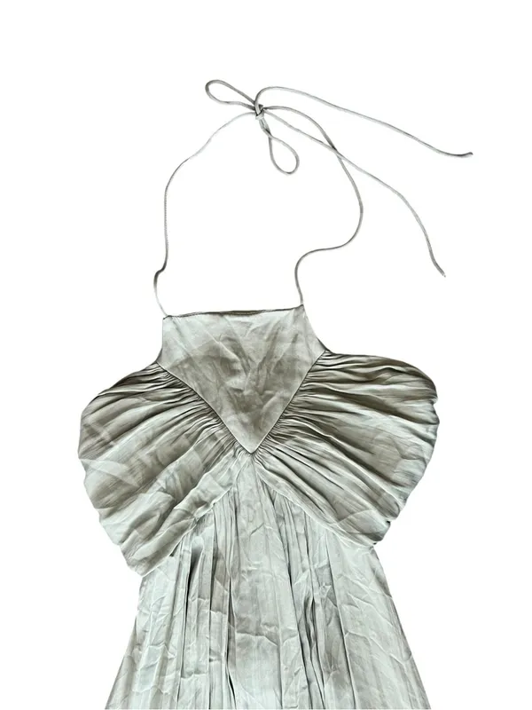 Anthropologie Women’s Halter Neck Tie Back Flowy Maxi Dress Sage Green Size M - Image 3