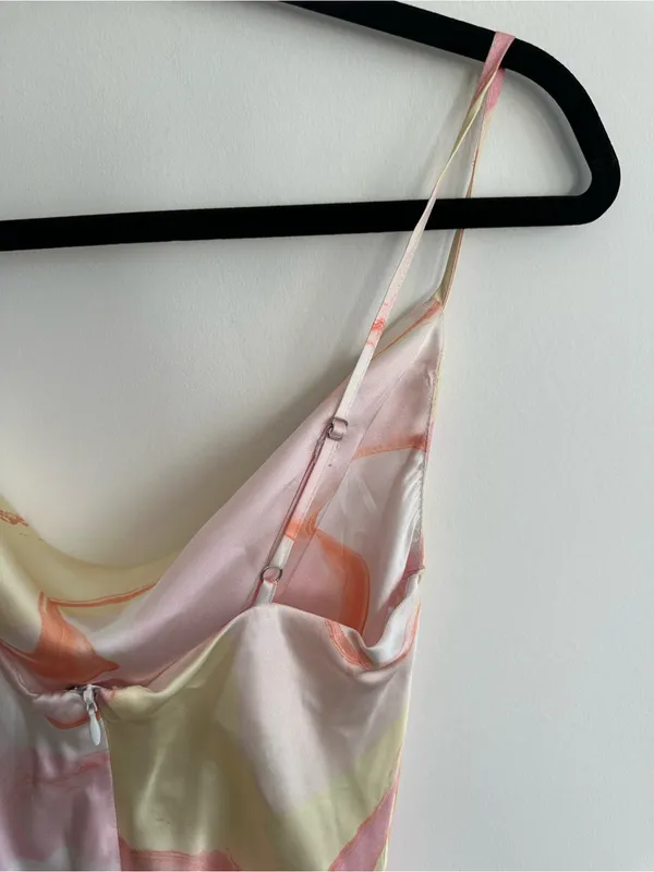 Olia Orange Pink Yellow Swirl Cowl Neck Satin Mini Dress Size XS - Image 5