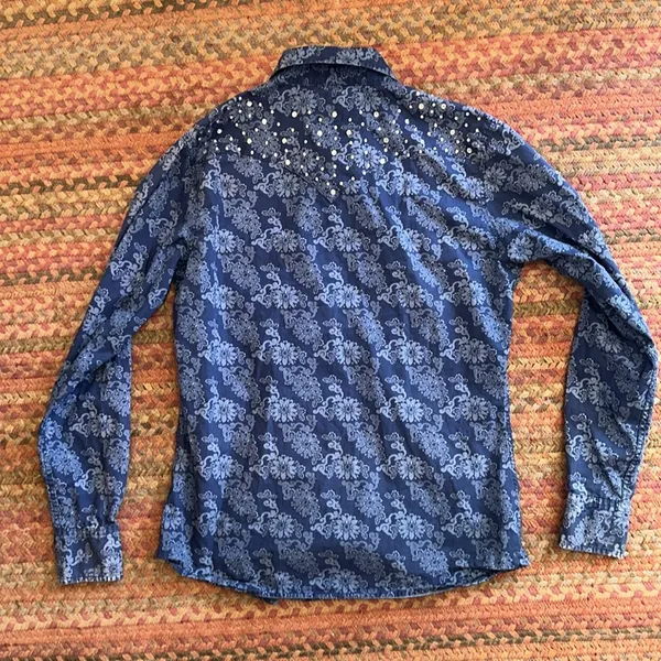Vtg Cowgirl Hardware Blue Flower Print Rhinestone Pearl Snap Long Sleeve - Image 4