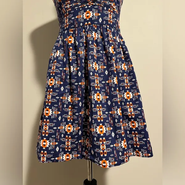 EUC BeBop Blue and Orange Aztec Print Strapless Babydoll Dress size medium - Image 3