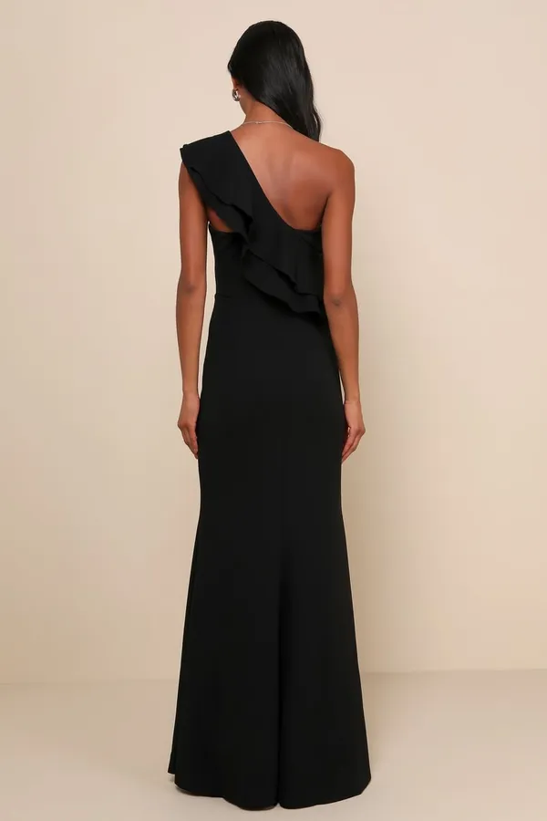 Lulus New Grand Beauty Black Ruffled One-Shoulder Mermaid Maxi Dress Size XS MSRP $89 - Image 4