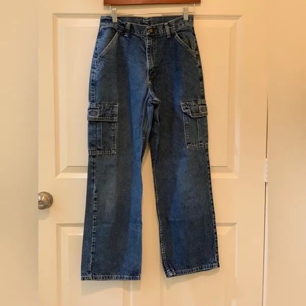 Wrangler Women’s Relaxed Fit Blue Cargo Jeans - Gorpcore Hiking Wide Leg Size-0 - Image 3