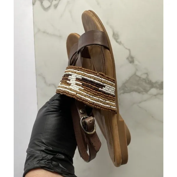 UGG Verona Serape Beaded Flat Leather Sandals Brown Tan Sz 6.5 Boho Flaw - Image 3