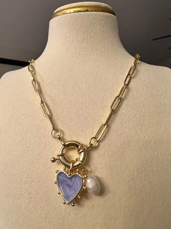 Handmade 💜 Lavender Heart & Pearl Charm Gold Chain Necklace 💜 - Image 2