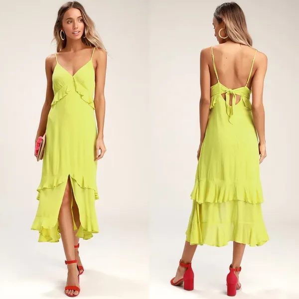 Lulus‎ Ruffle High-Low Midi Dress Women XS Chartreuse Lime Green Tie Back Boho - Image 2