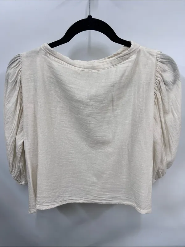 Free People Women's Cream gathered Puff-Sleeve Button Neck Top neckline - Image 9