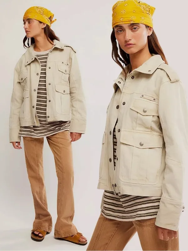 Free People Bohemian Kali Washed Utility Military Canvas Jacket Oat Large - Image 3