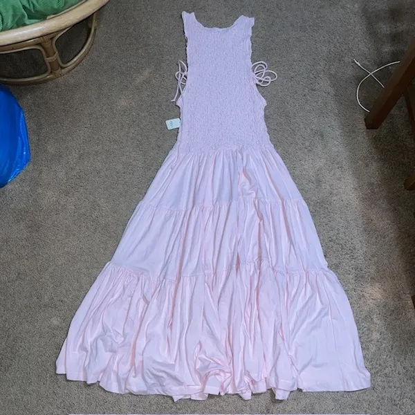 Free People Free-est Sterling Smocked Tiered‎ Maxi Dress Chalk Pink Large - Image 5