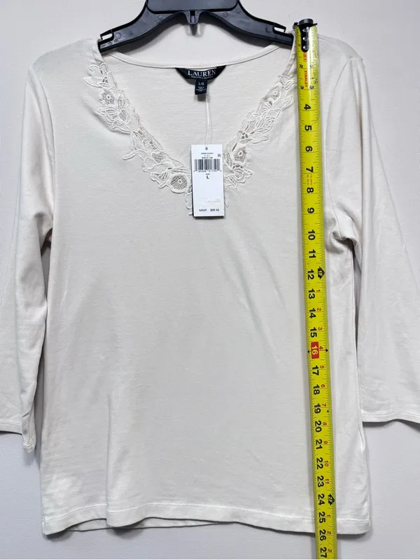 Lauren ralph lauren Lace-Trim Stretch Cotton 3/4 sleeve Top size large nwt - Image 5