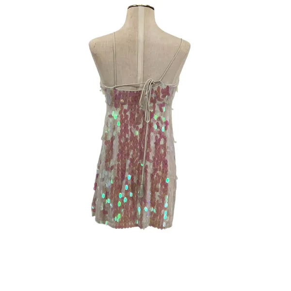 Free People Mermaid‎ Mini Dress Sequin Iridescent Cream White Pink Size 2 - Image 9