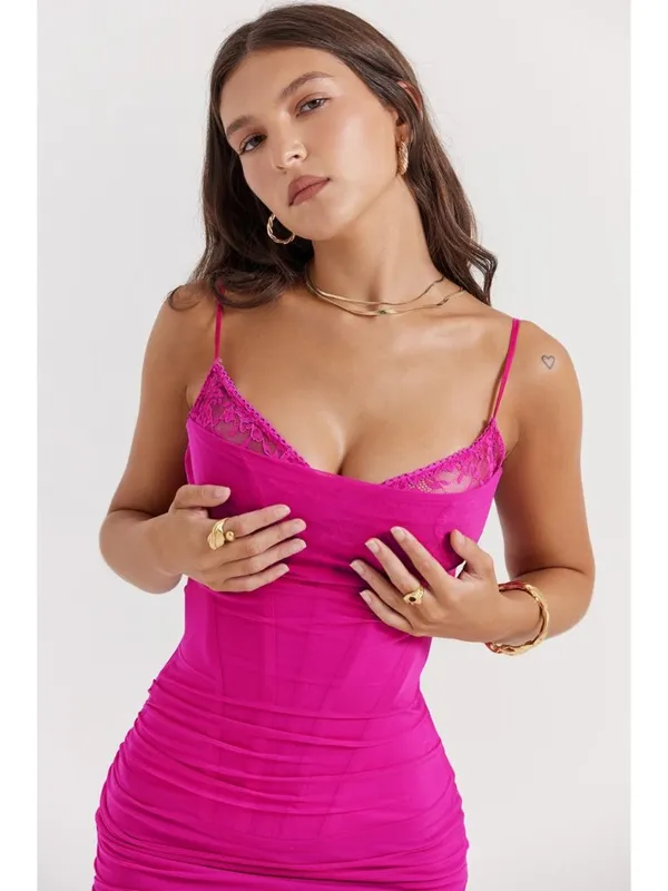 House of CB Nalini Fuchsia Mesh Maxi Dress Ruched Corset M - Image 7