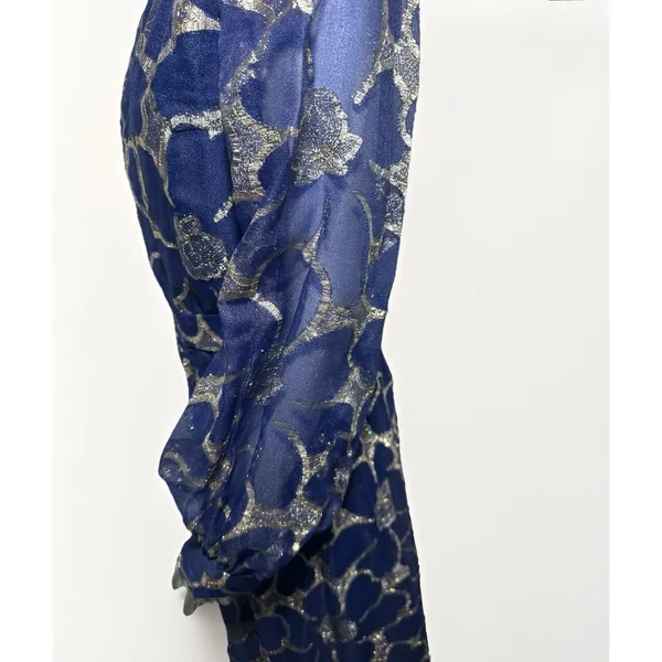VTG CLIFTON WILHITE 18 Blue Metallic Floral Long Sleeve Gown Couture Dress - Image 9