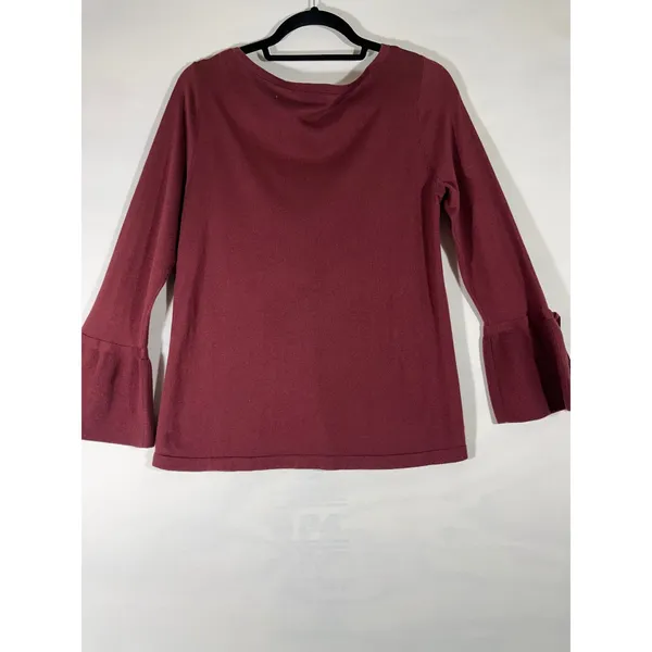 LOFT Knit Bell Sleeve Tie Detail Sweater Top‎ Women's M Maroon Office Wear Girly - Image 2