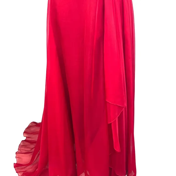 VTG Flowy Red Chiffon One Shoulder Rhinestone Prom Evening Gown XS Train - Image 6