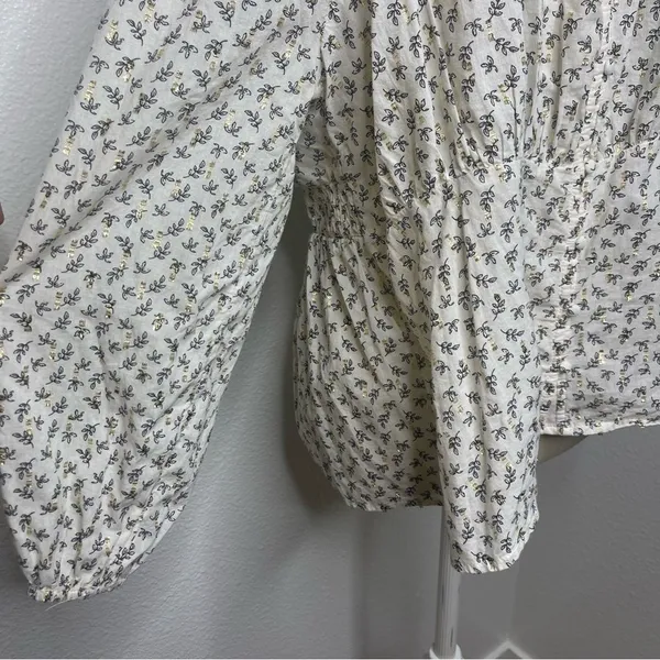 Old Navy Gold White XL Flare Lace Peasant Hippie Top Blouse Puff Sleeve Glitter - Image 14