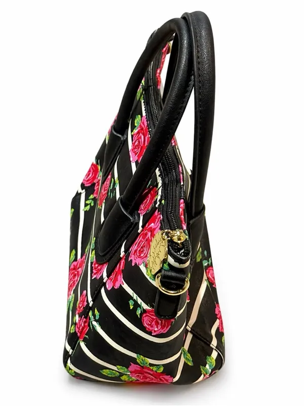Betsey Johnson Floral Stripe Satchel Black Pink Rose Mini Handbag Y2K - Image 6