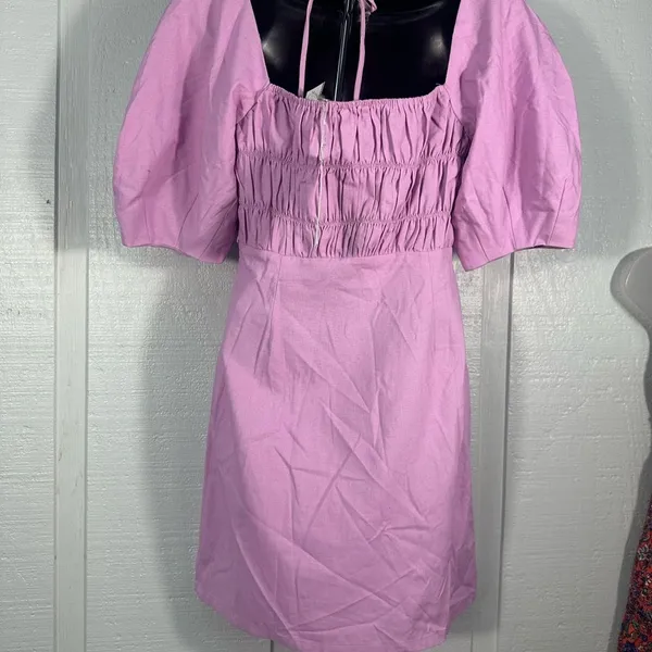 Lush Clothing Lavender Puff Sleeve Smocked Front Dress Size Medium NWT - Image 6