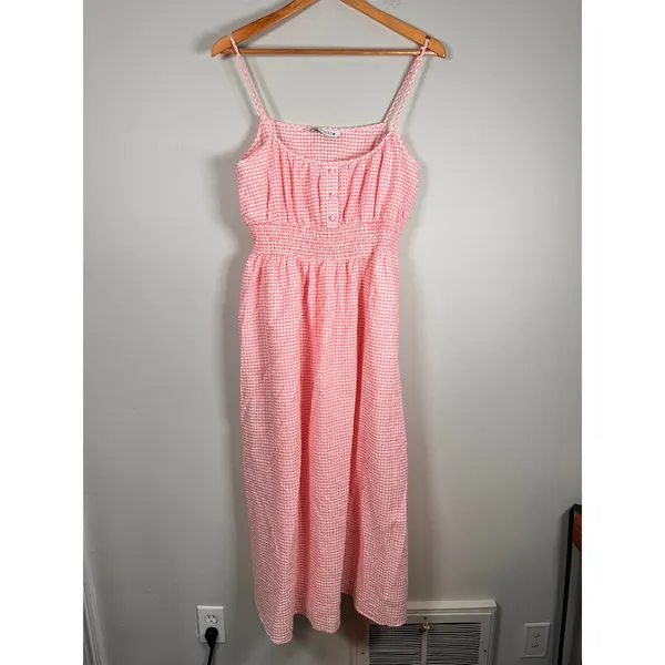 Zara Dress‎ Womens Medium Pink Gingham Smocked Waist Midi Summer Cotton - Image 3