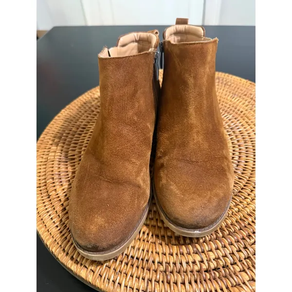 Franco Sarto Womens Brown Suede Ankle Boots Side Zip Low Stacked Heel Cognac - Image 3