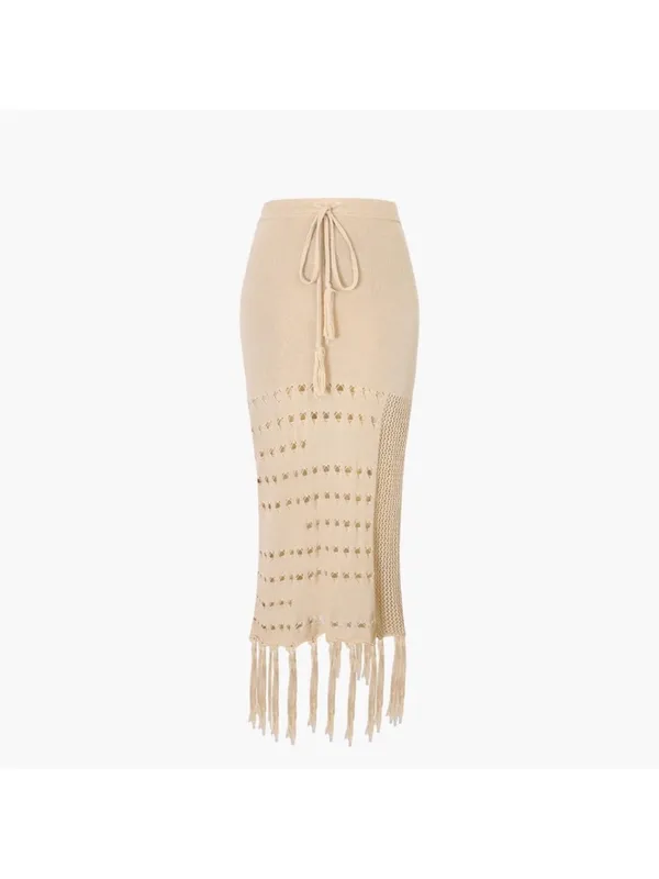NWT [SET] Micas Knit Fringe Maxi Skirt M Beige Tassel Sheer Slit Bandeau Top - Image 15