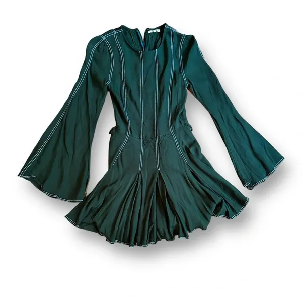 Tularosa Nicole Dress Sycamore Green Pleated Mini Dress Bell Sleeve Size XXS - Image 4