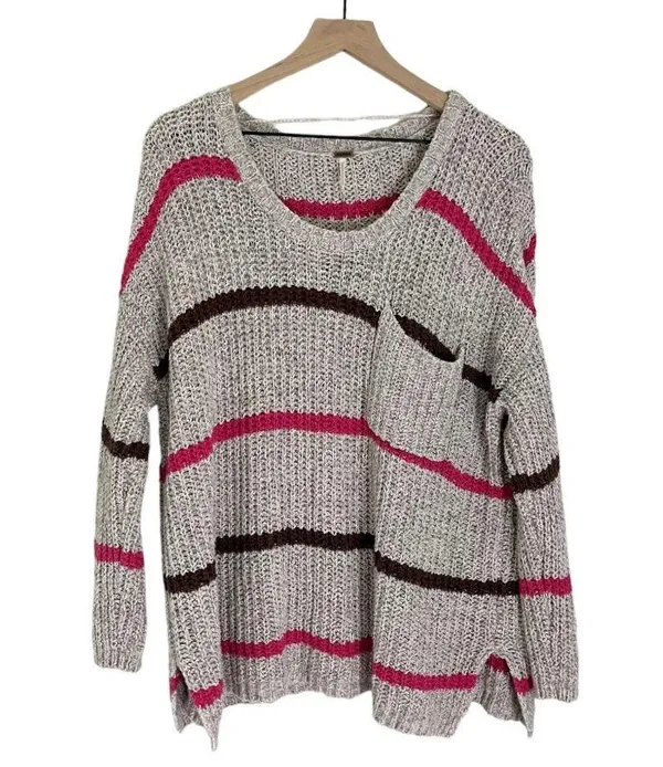 Free People Complete in Stripes Slouchy Oversized Sweater Grey Pink Brown XS - Image 2
