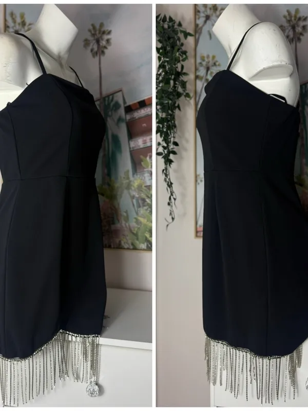 Trixxi Black Silver Rhinestone Chain Fringe Mini LBD Dress Size Large - Image 5