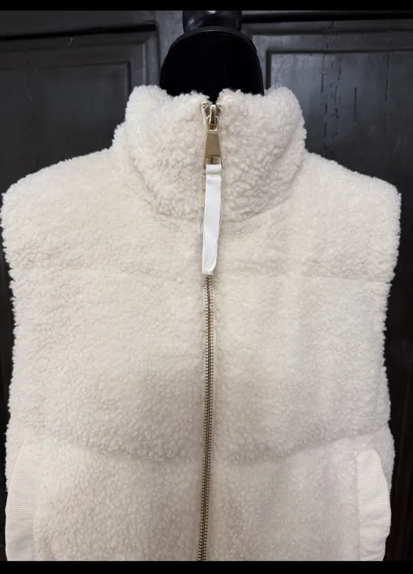 SHEIN Cream sherpa fleece fluffy puffer Zip up Vest with bag - size Medium. ***refer to measurements for size. Gently Warn and excellent condition. Measurements approximately from armpit to armpit 21” not fully stretched out x 22” long. Non-smoking home. Priced at as is condition. Don’t like my price make a reasonable offer! And thank you for checking my closet! - Image 3