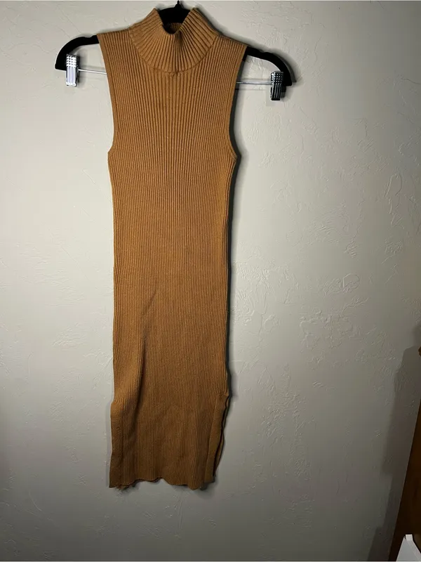 M Magaschoni Camel‎ Ribbed Knit Mock Neck Side Slit Midi Sweater Dress - Image 2