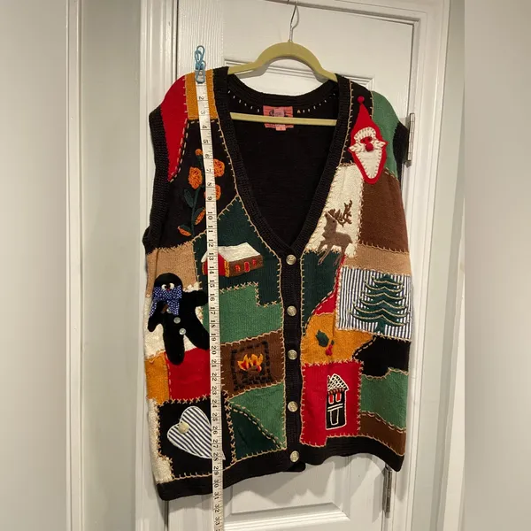 VTG 80s Cambridge Country Store Size L Christmas Sweater Vest Cotton Patchwork - Image 6