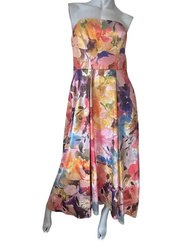 Aidan Mattox Adrianna Pappel Metallic Floral Jacquard Gown Pockets NWT US 6 Flaw - Image 2