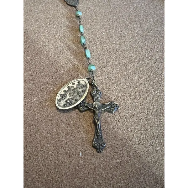 Art Deco Style RosaryAqua Glass Beads Silver-Tone Crucifix Saint Therese 1930’s - Image 3