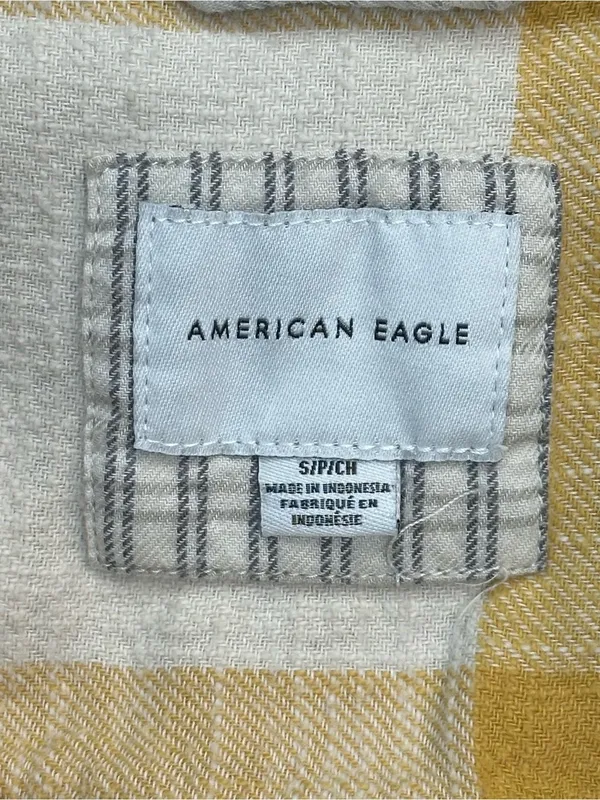 American Eagle Hooded Plaid Flannel Shirt Women Small Mustard Yellow Cropped - Image 9