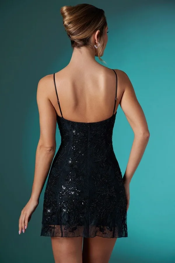 Oh Polly LALITA Embellished Lace Mini Dress in Black - Image 2