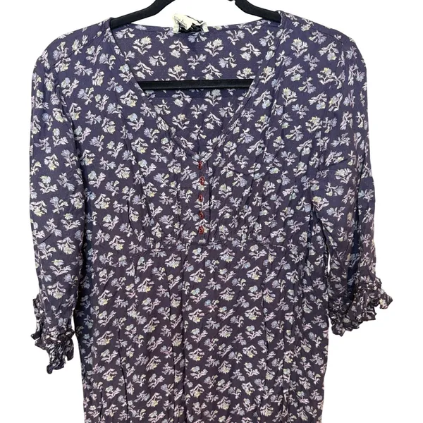 April Cornell Vintage Purple Floral Rayon Midi Dress Ruffle Sleeve V-Neck Large - Image 2