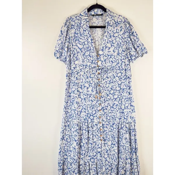 ZARA Womens Dress Blue Midi Floral Ditsy Shirtdress Linen Short Sleeve Medium - Image 4