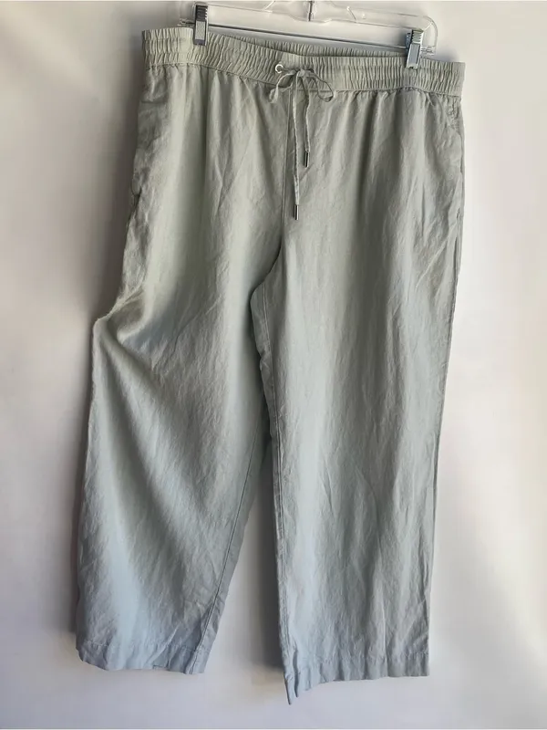 Light sage green wide leg linen pull on drawstring waist pants casual summer XL - Image 2